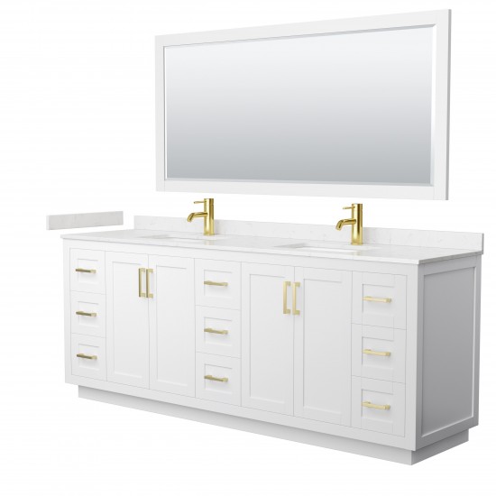 Miranda 84" Double Vanity in White, Carrara Marble Top, Gold Trim, 70" Mirror