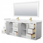 Miranda 84" Double Vanity in White, Carrara Marble Top, Gold Trim, 70" Mirror