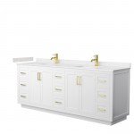 Miranda 84" Double Vanity in White, Carrara Cultured Marble Top, Gold Trim