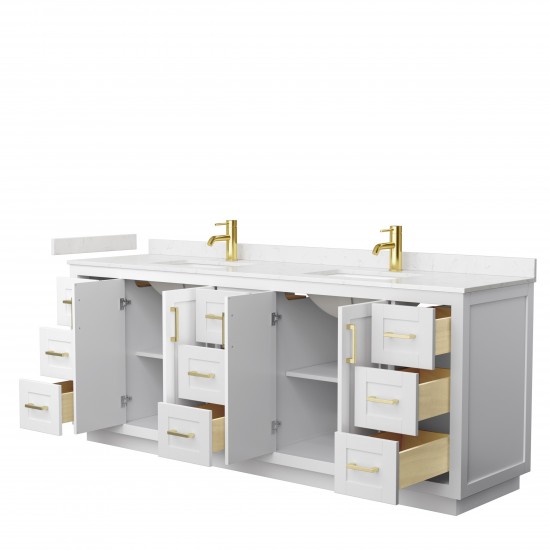 Miranda 84" Double Vanity in White, Carrara Cultured Marble Top, Gold Trim