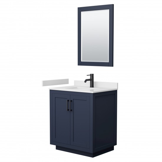 Miranda 30" Single Vanity in Dark Blue, White Marble Top, Black Trim, 24" Mirror