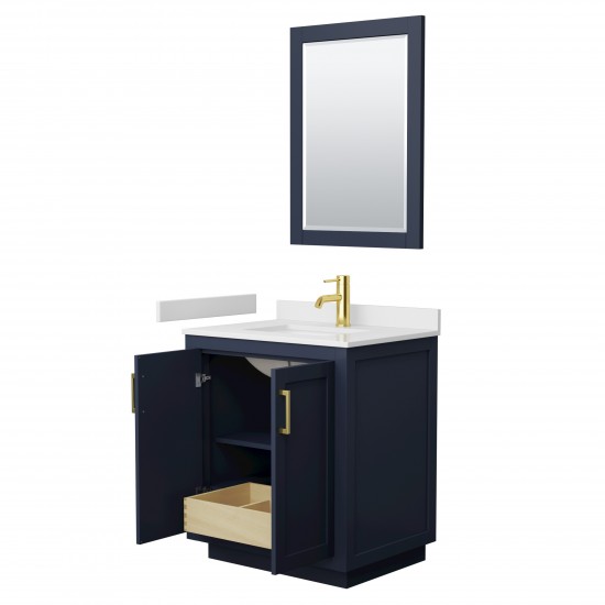 Miranda 30" Single Vanity in Dark Blue, White Marble Top, Gold Trim, 24" Mirror