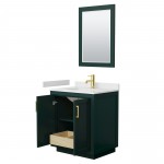 Miranda 30" Single Vanity in Green, White Marble Top, Gold Trim, 24" Mirror