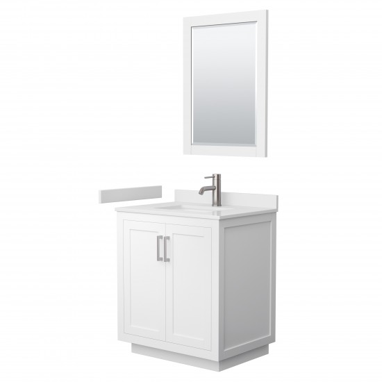 Miranda 30" Single Vanity in White, White Marble Top, Nickel Trim, 24" Mirror