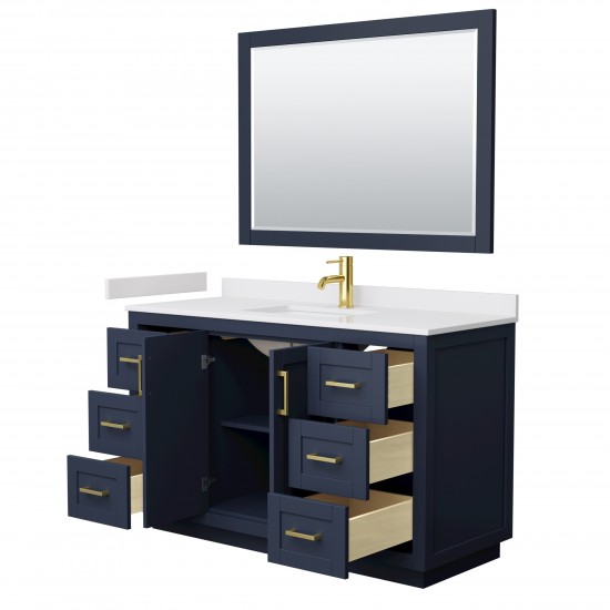 Miranda 54" Single Vanity in Dark Blue, White Marble Top, Gold Trim, 46" Mirror