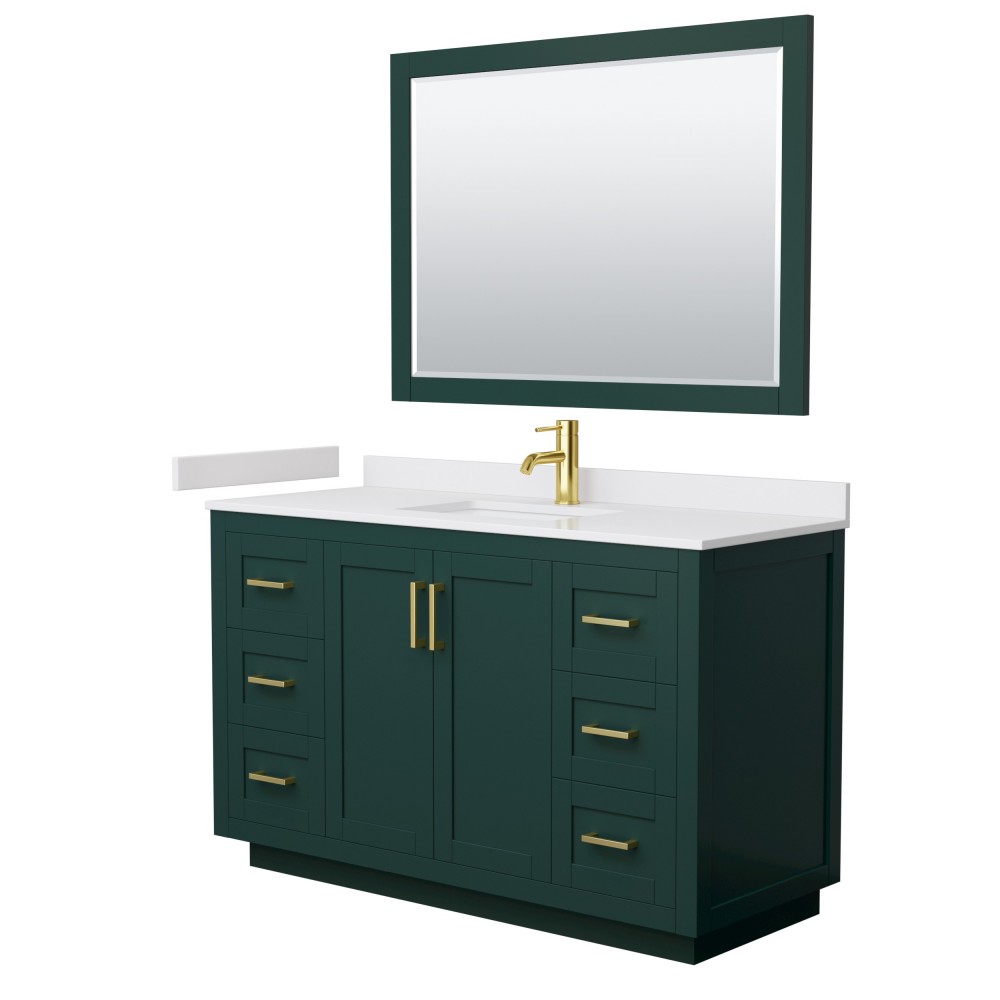 Miranda 54" Single Vanity in Green, White Marble Top, Gold Trim, 46" Mirror