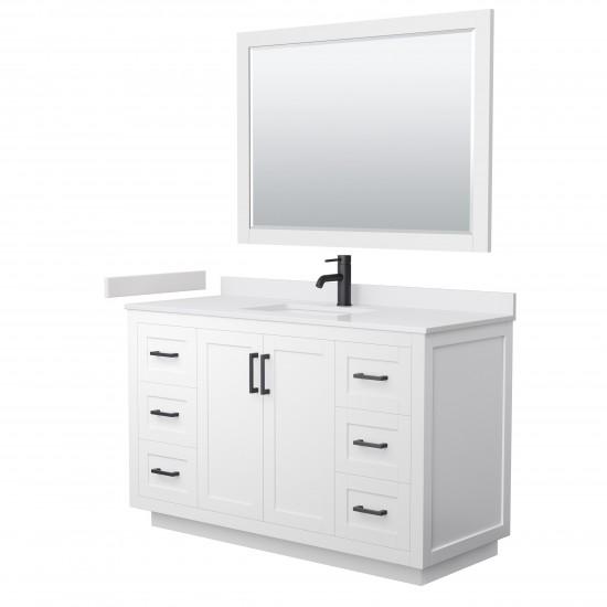 Miranda 54" Single Vanity in White, White Marble Top, Black Trim, 46" Mirror