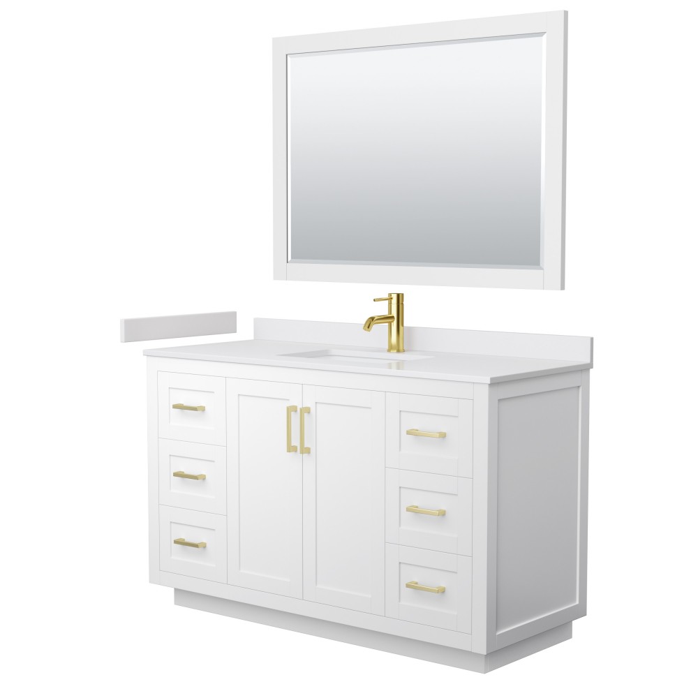 Miranda 54" Single Vanity in White, White Marble Top, Gold Trim, 46" Mirror