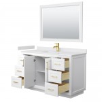 Miranda 54" Single Vanity in White, White Marble Top, Gold Trim, 46" Mirror