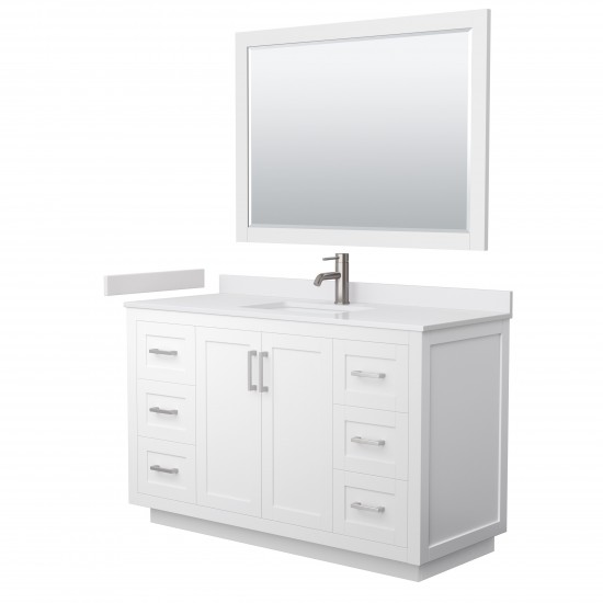 Miranda 54" Single Vanity in White, White Marble Top, Nickel Trim, 46" Mirror