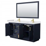 Miranda 66" Double Vanity in Dark Blue, White Marble Top, Gold Trim, 58" Mirror