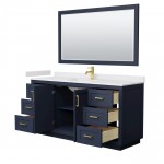 Miranda 66" Single Vanity in Dark Blue, White Marble Top, Gold Trim, 58" Mirror