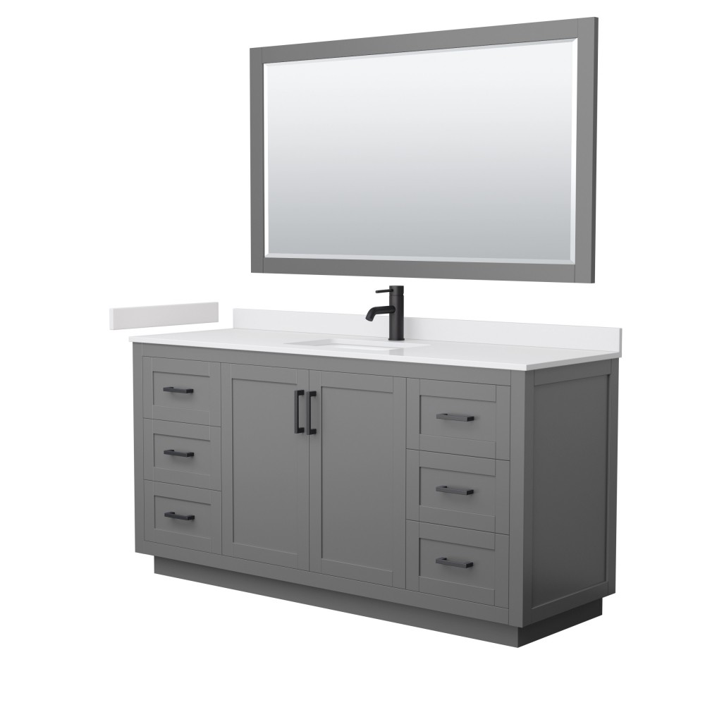 Miranda 66" Single Vanity in Dark Gray, White Marble Top, Black Trim, 58" Mirror