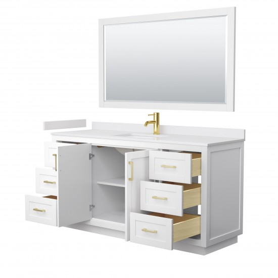 Miranda 66" Single Vanity in White, White Marble Top, Gold Trim, 58" Mirror