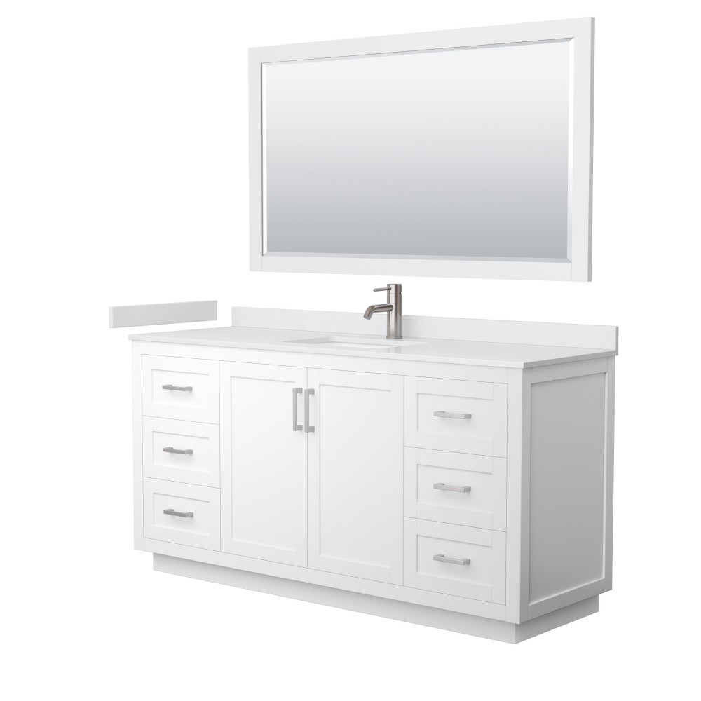 Miranda 66" Single Vanity in White, White Marble Top, Nickel Trim, 58" Mirror