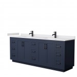 Miranda 84" Double Vanity in Dark Blue, White Cultured Marble Top, Black Trim