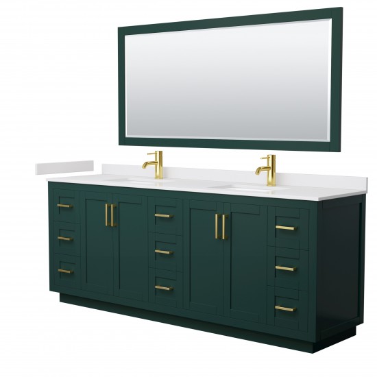 Miranda 84" Double Vanity in Green, White Marble Top, Gold Trim, 70" Mirror