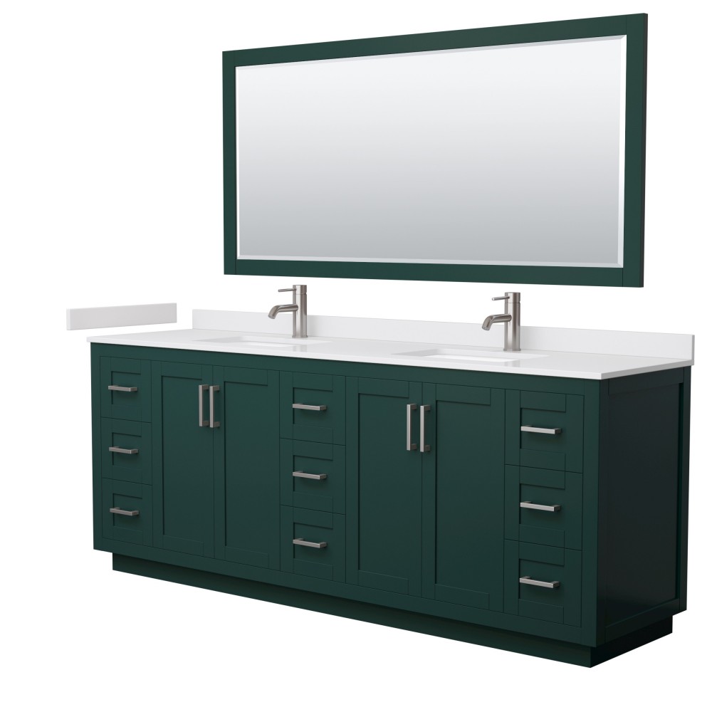 Miranda 84" Double Vanity in Green, White Marble Top, Nickel Trim, 70" Mirror Miranda 84" Double Vanity in Green, White Marble Top, Nickel Trim, 70" Mirror