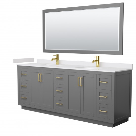 Miranda 84" Double Vanity in Dark Gray, White Marble Top, Gold Trim, 70" Mirror