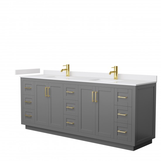 Miranda 84" Double Vanity in Dark Gray, White Cultured Marble Top, Gold Trim