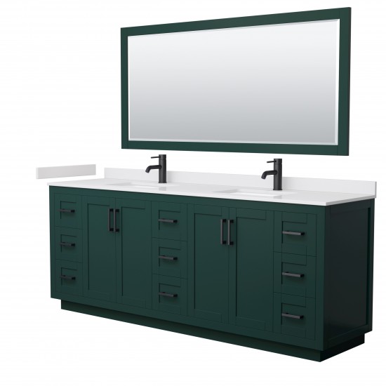 Miranda 84" Double Vanity in Green, White Marble Top, Black Trim, 70" Mirror