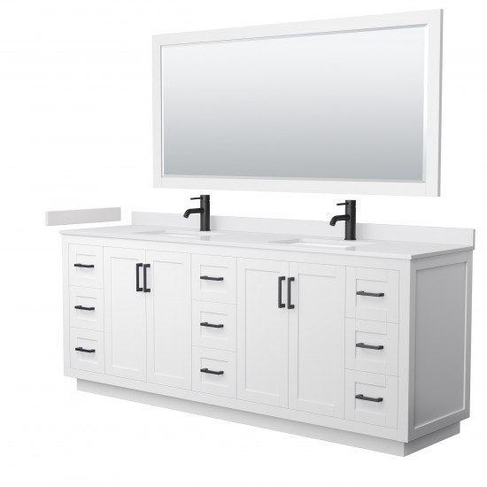 Miranda 84" Double Vanity in White, White Marble Top, Black Trim, 70" Mirror