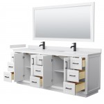 Miranda 84" Double Vanity in White, White Marble Top, Black Trim, 70" Mirror