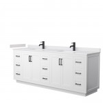 Miranda 84" Double Vanity in White, White Cultured Marble Top, Black Trim