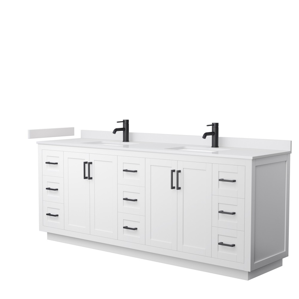 Miranda 84" Double Vanity in White, White Cultured Marble Top, Black Trim