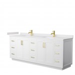 Miranda 84" Double Vanity in White, White Cultured Marble Top, Gold Trim