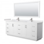 Miranda 84" Double Vanity in White, White Marble Top, Nickel Trim, 70" Mirror