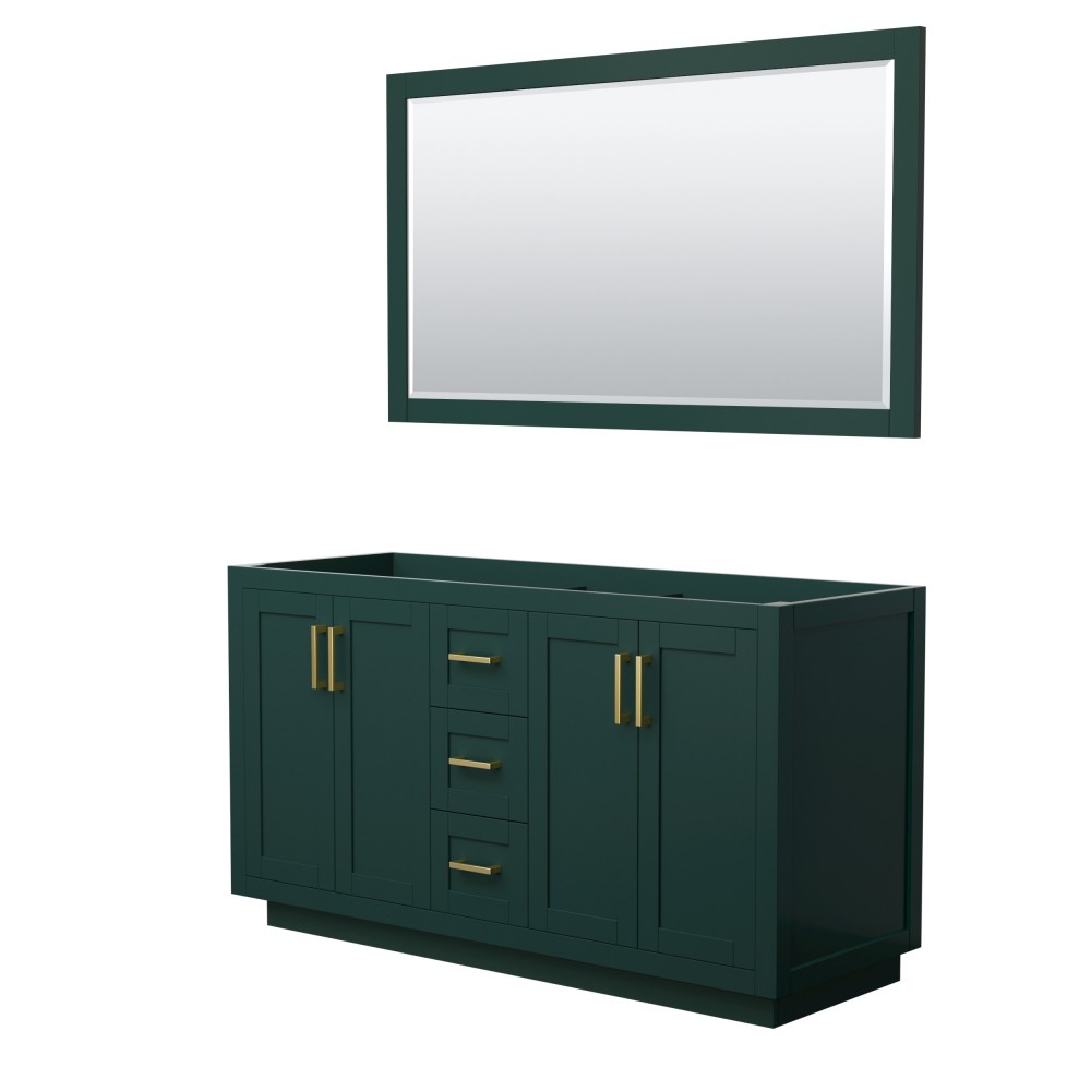 Miranda 60" Double Vanity in Green, No Top, Bruished Gold Trim, 58" Mirror