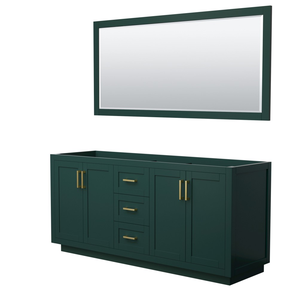 Miranda 72" Double Vanity in Green, No Top, Bruished Gold Trim, 70" Mirror