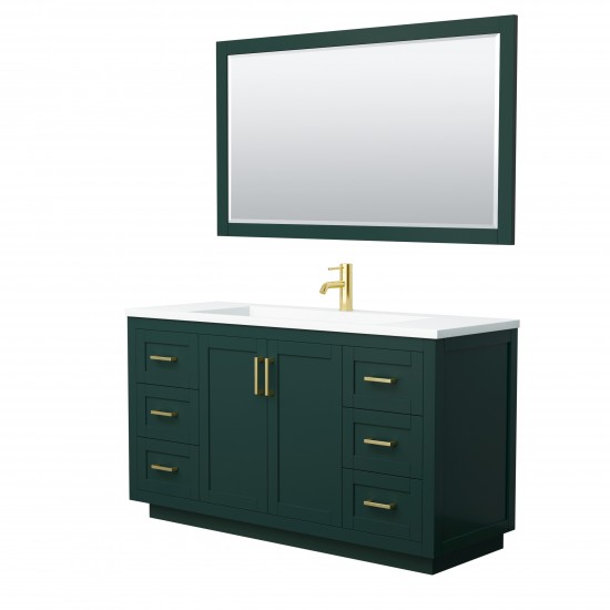 Miranda 60" Single Vanity in Green, 1.25" White Top, Gold Trim, 58" Mirror