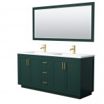 Miranda 72" Double Vanity in Green, 1.25" White Top, Gold Trim, 70" Mirror