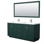 Miranda 72" Double Vanity in Green, 1.25" White Top, Nickel Trim, 70" Mirror