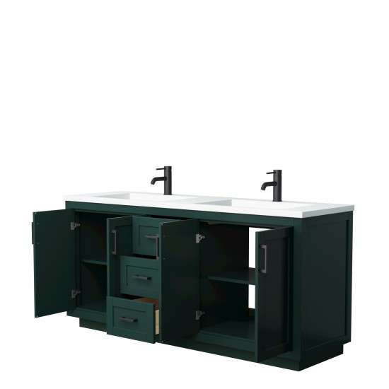 Miranda 72" Double Vanity in Green, 1.25" White Top, Integrated Matte Black Trim