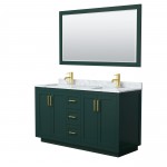 Miranda 60" Double Vanity in Green, Top, Square Brushed Gold Trim, 58" Mirror