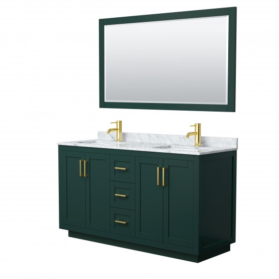 Miranda 60" Double Vanity in Green, Top, Square Brushed Gold Trim, 58" Mirror