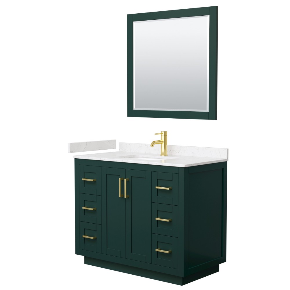 Miranda 42" Single Vanity in Green, Carrara Marble Top, Gold Trim, 34" Mirror