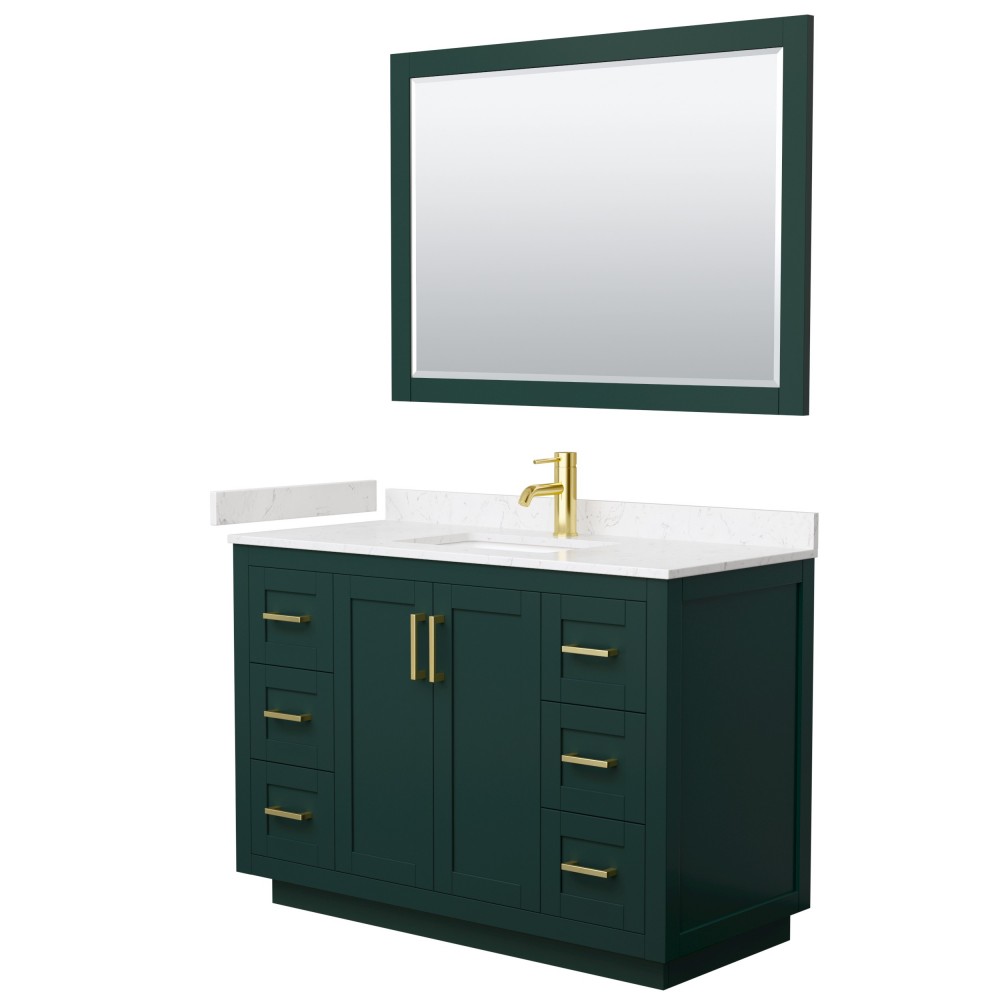 Miranda 48" Single Vanity in Green, Carrara Marble Top, Gold Trim, 46" Mirror Miranda 48" Single Vanity in Green, Carrara Marble Top, Gold Trim, 46" Mirror