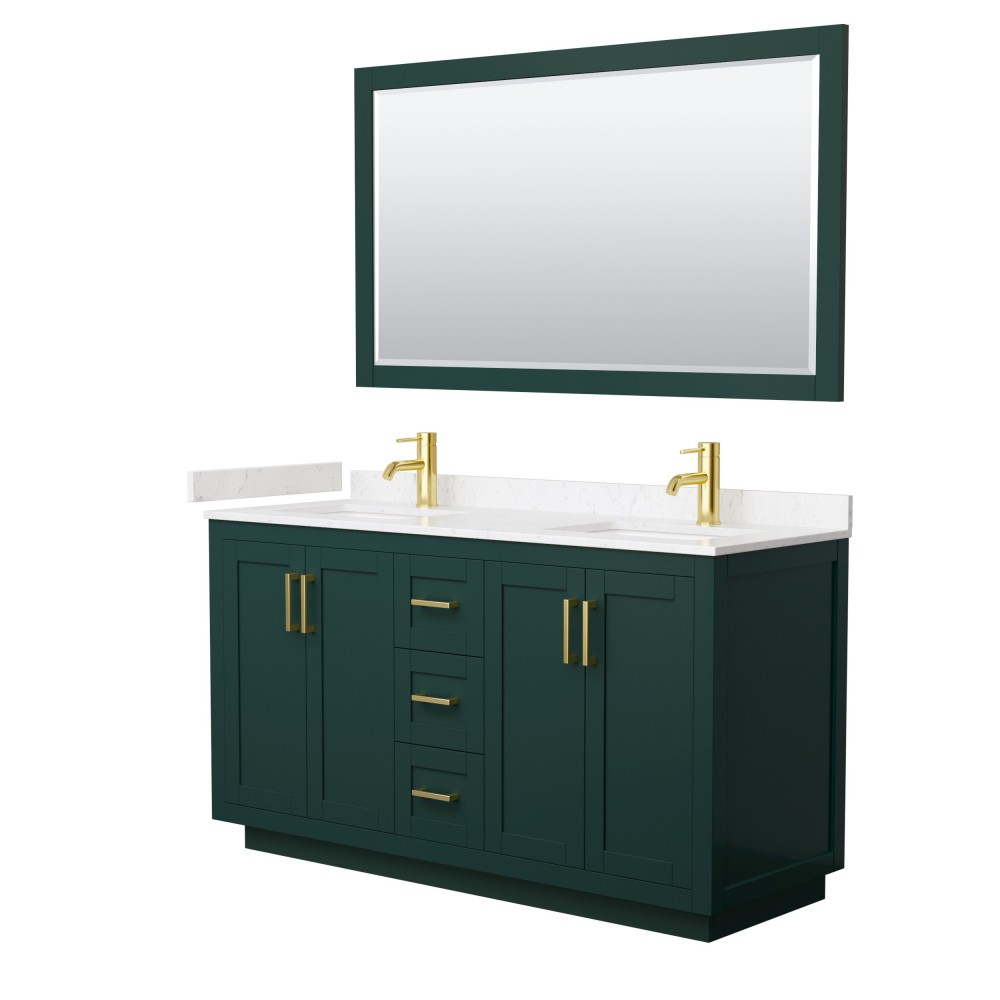 Miranda 60" Double Vanity in Green, Carrara Marble Top, Gold Trim, 58" Mirror