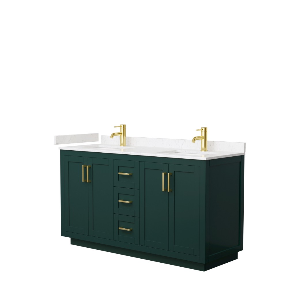 Miranda 60" Double Vanity in Green, Carrara Cultured Marble Top, Gold Trim