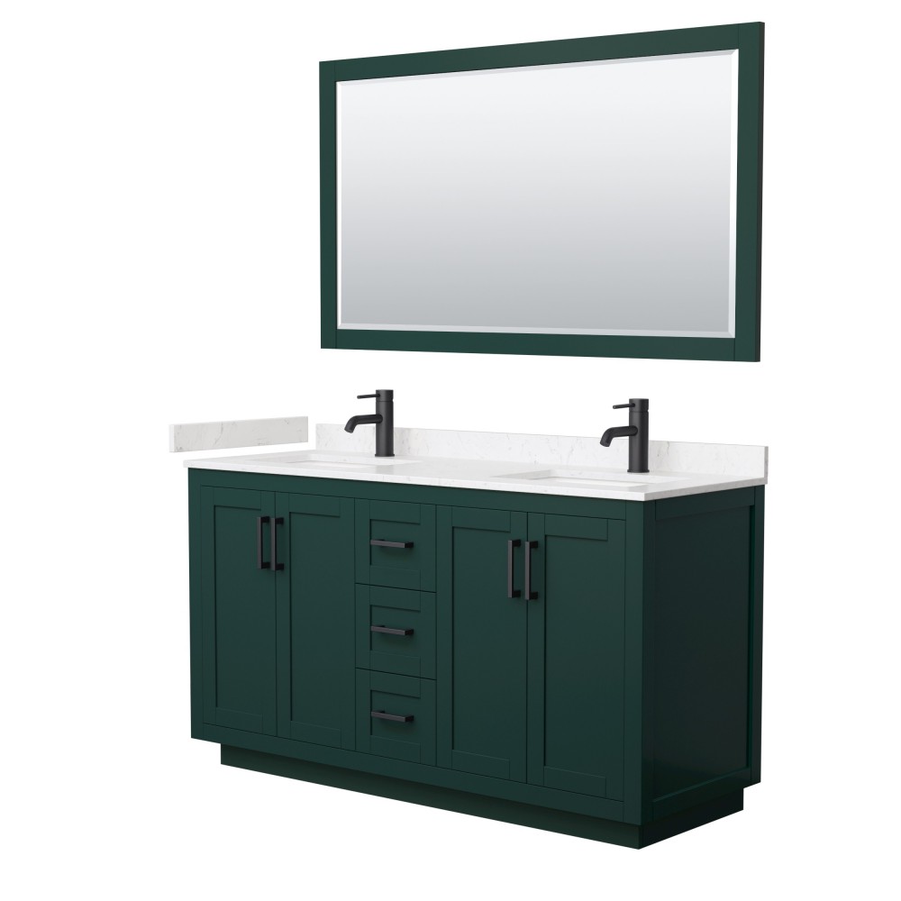 Miranda 60" Double Vanity in Green, Carrara Marble Top, Black Trim, 58" Mirror
