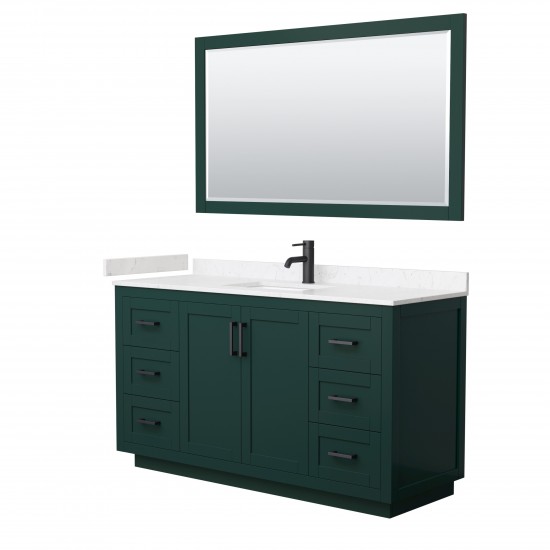 Miranda 60" Single Vanity in Green, Carrara Marble Top, Black Trim, 58" Mirror