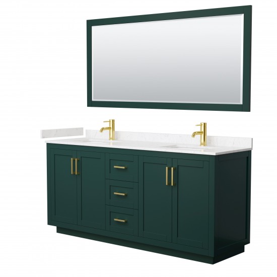 Miranda 72" Double Vanity in Green, Carrara Marble Top, Gold Trim, 70" Mirror