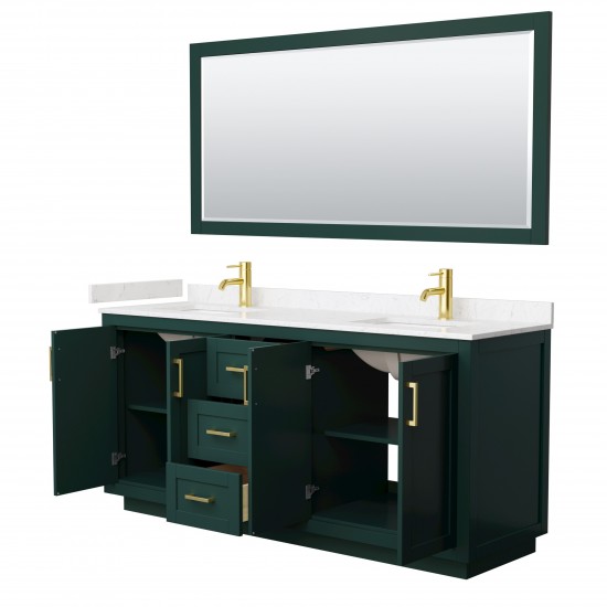 Miranda 72" Double Vanity in Green, Carrara Marble Top, Gold Trim, 70" Mirror