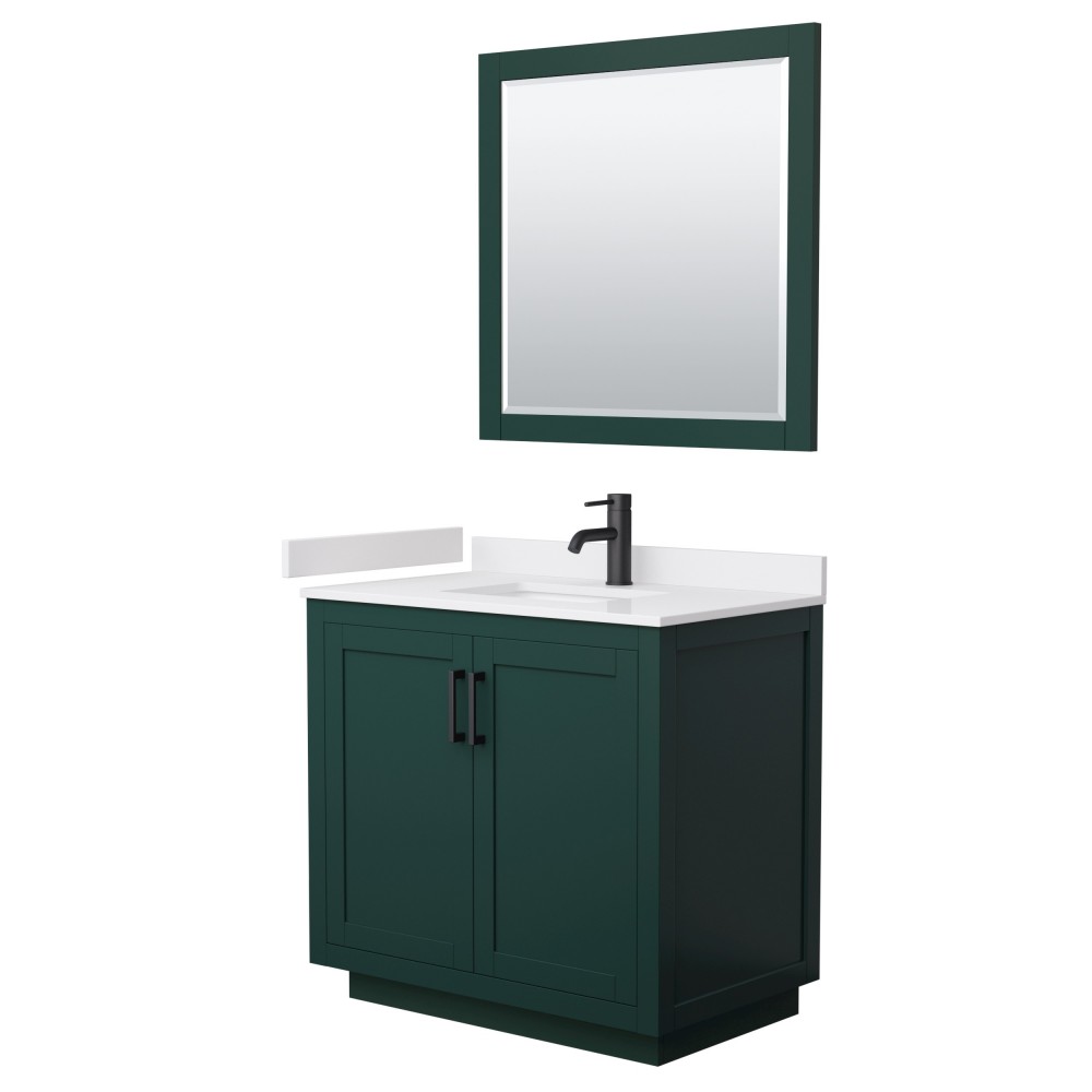 Miranda 36" Single Vanity in Green, White Marble Top, Black Trim, 34" Mirror