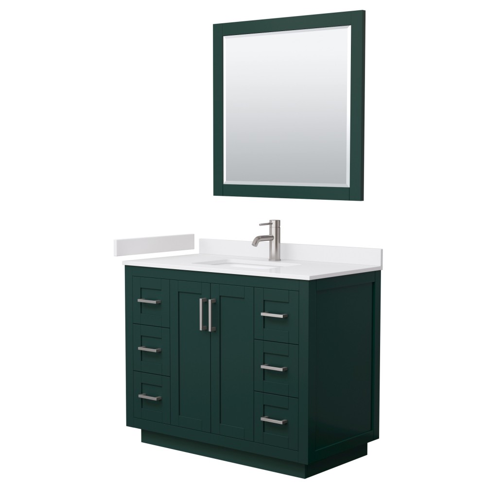 Miranda 42" Single Vanity in Green, White Marble Top, Nickel Trim, 34" Mirror