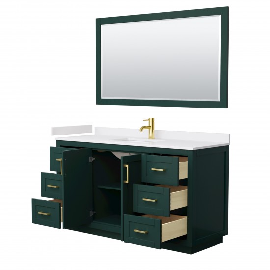 Miranda 60" Single Vanity in Green, White Marble Top, Gold Trim, 58" Mirror